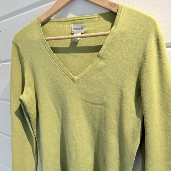Womens Chicos 1 / M Green V Neck Ribbed Knit Pullover Sweater Silk Blend - Picture 2 of 8